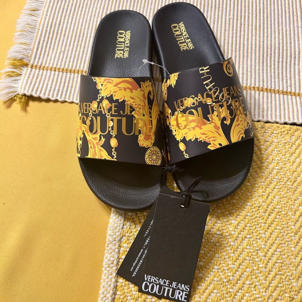Versace Jeans Couture Black Slides with Gold Accents